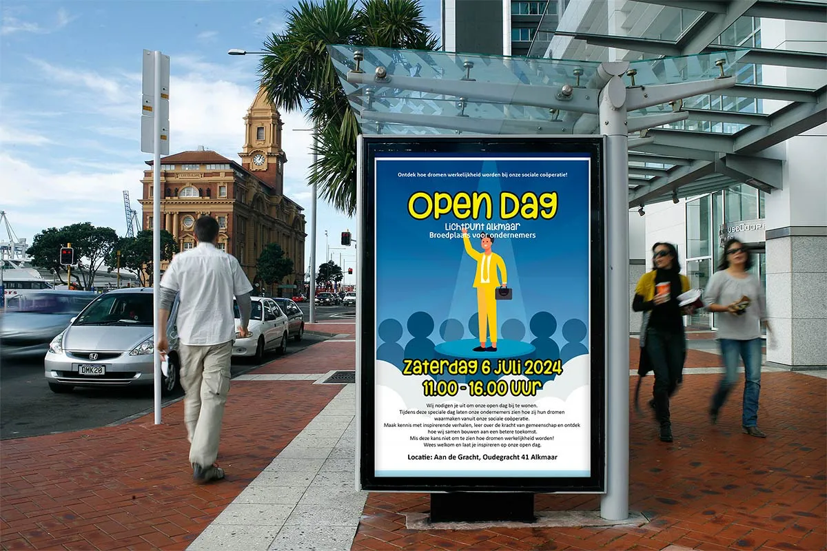 Mockup van een open dag promotiedrukwerk, ontworpen door Line & Design